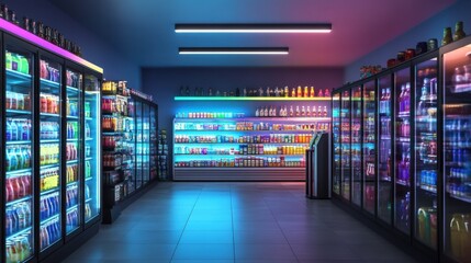 A cozy convenience store interior showcasing a refrigerated drinks section, neatly arranged with colorful bottles and cans, under bright LED lighting.