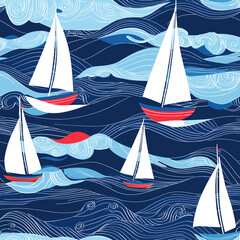 Colorful abstract pattern featuring sailboats navigating stylized waves in various shades of blue and white on a dark background.
