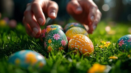 Easter video featuring hands gently arranging colorful painted eggs on green grass with scattered spring flowers. A vibrant and cheerful outdoor scene celebrating Easter traditions.