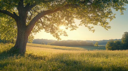 Fototapeta premium A serene landscape featuring a large tree, golden sunlight, and a grassy field at sunset.