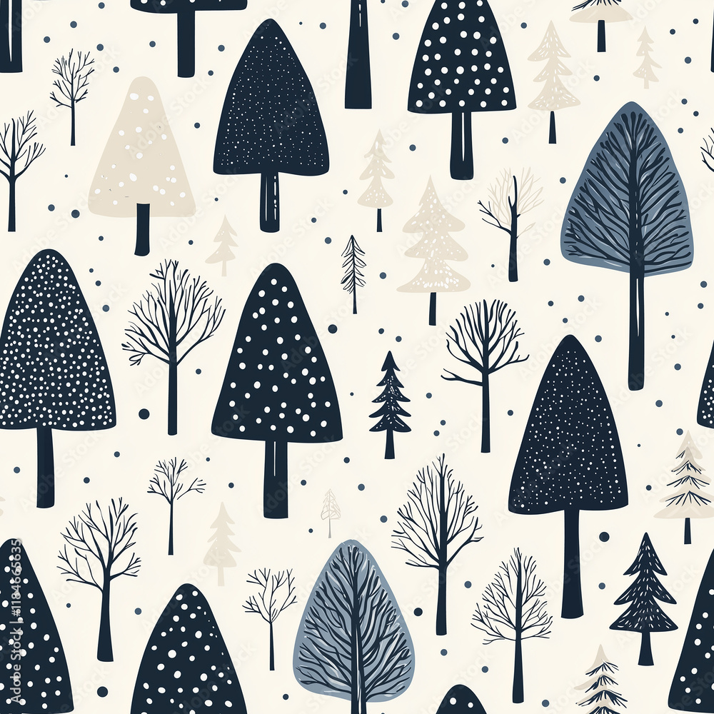 Aufkleber whimsical design featuring various trees with different shapes and textures on a light background, i