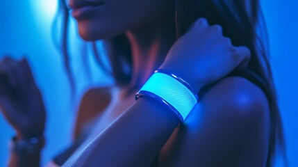 Glowing bracelet on woman's wrist, blue light.