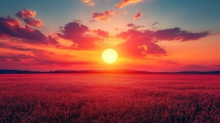 Fototapeta premium A vibrant sunset over a field, showcasing nature's beauty and tranquility.