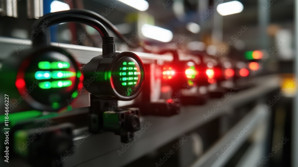 Poster Electronic devices with led indicators in various colors and patterns undergoing testing on an assembly line, highlighting quality control and production processes