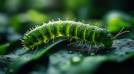 Naklejka premium A close-up of a green caterpillar resting on leaves, showcasing its details and natural environment.