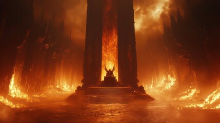 Fiery throne room, hellish landscape, inferno, dark fantasy scene.