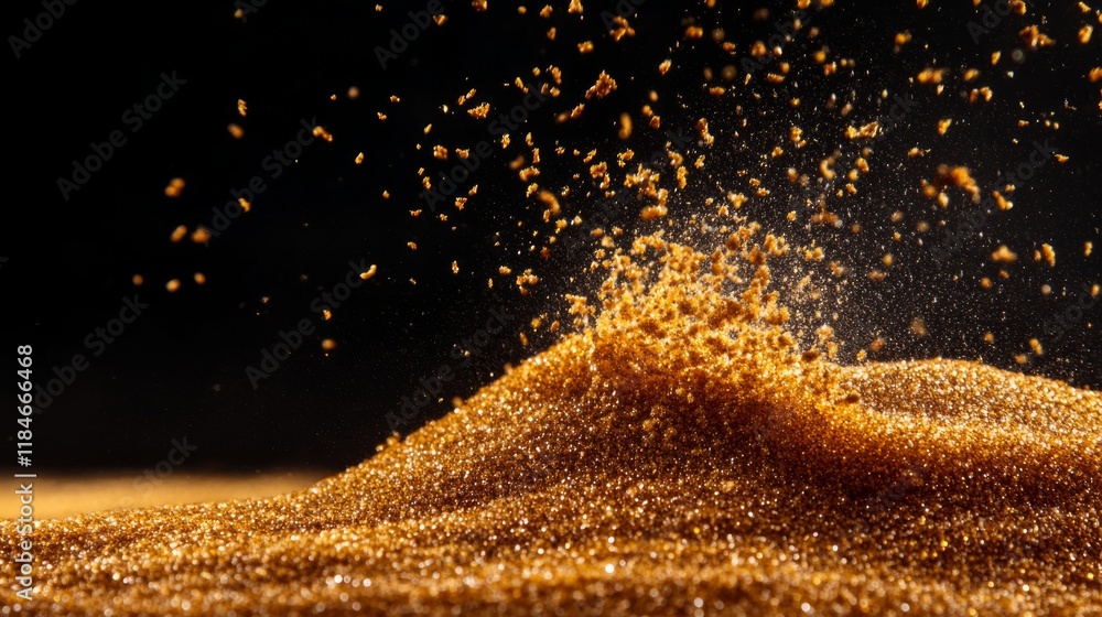 Aufkleber Golden sand grains create a dynamic scattering effect in mid-air, highlighted by soft directional lighting, allowing for a fluid, motion-filled composition
