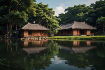 Fototapeta premium A peaceful riverside view with traditional clay houses shaded by large banyan trees.