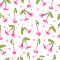 Vector Simple floral seamless pattern. Print with hand drawn pink bell flowers, leaves on a white background. Botanical design for wallpaper, textile, fabric, wrapping paper, cover, card