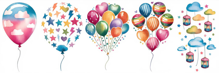 Obraz premium Colorful Watercolor Balloons Stars Clouds Lanterns Festive Party Design