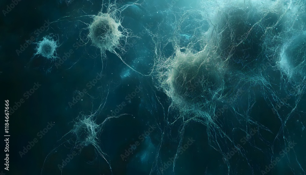 Poster abstract microscopic view of floating microorganisms in dark space with luminous background, showcas