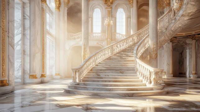 Grand marble staircase in a sunlit palace interior. - Powered by Adobe