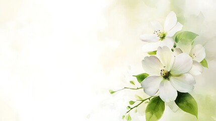 Obraz premium Delicate White Blossoms and Green Leaves Watercolor Painting