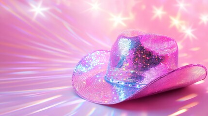 Pink sparkling cowboy hat shining on holographic background