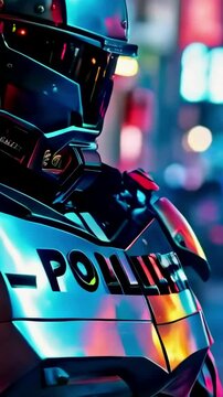 Futuristic Android Policeman Standing Near Police Car Protecting City Streets with Authority new beautiful stock 9x16 vertical video footage animation AI