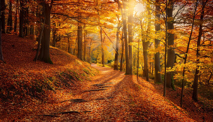 a winding path through an autumn forest lined with vibrant fallen leaves sunlight breaking through the canopy casting warm dramatic light and deep shadows