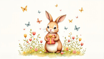 Cute bunny holding a gift with flowers and butterflies in a spring garden setting
