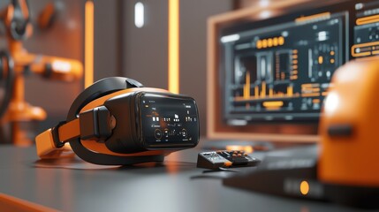 Virtual reality headset displaying production data lies on a desk in a smart factory, enabling efficient monitoring and control of automated manufacturing processes