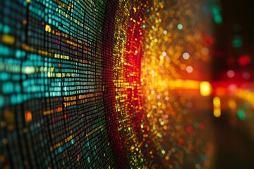 Obraz premium Colorful, glowing grid; abstract light tunnel.