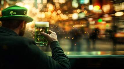 A blurred man donning a green leprechaun hat toasting with a pint of green beer, surrounded by the vibrant energy of a lively Saint Patrick's Day pub.
