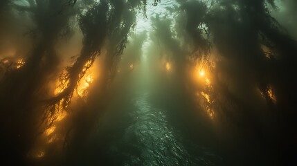 Sunlit Underwater Forest Scene Mysterious Aquatic Realm