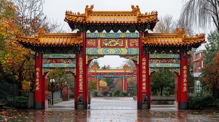 Fototapeta premium Decorating a traditional chinese gate with red and gold standards cultural landmark urban environment architectural perspective heritage concept