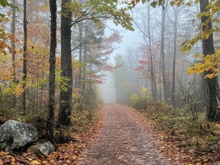 Obraz premium Autumn Trail Through Misty Forest Path