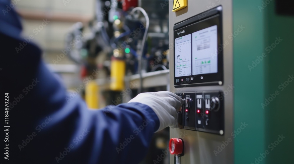 Poster engineer wearing protective gloves operating complex machinery with a digital interface in a modern 