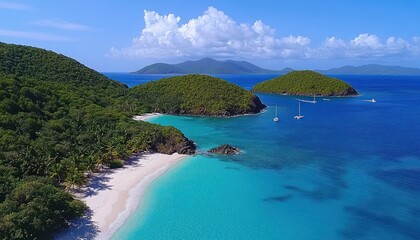 Aerial view Caribbean beach, turquoise water, sailboats, islands