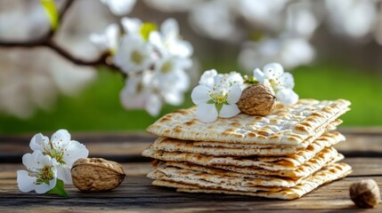 Fototapeta premium Passover Matzah with Spring Flowers and Walnuts - Festive Jewish Tradition