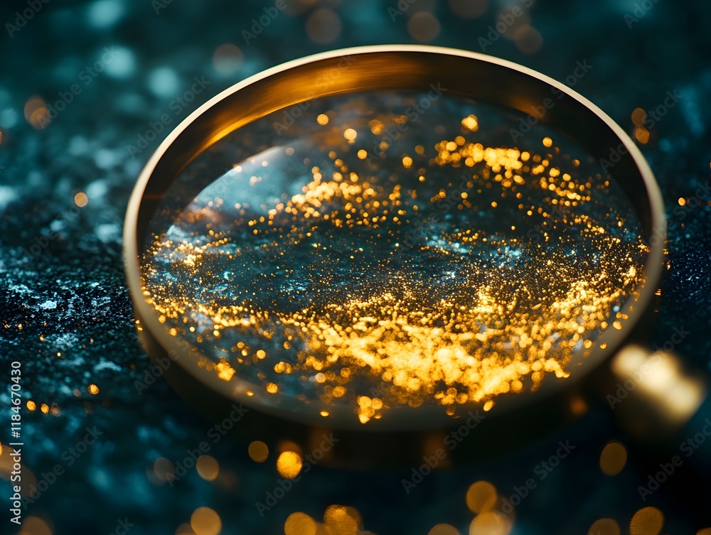Poster close-up of a magnifying glass over shimmering golden glitter on a dark background, capturing the es