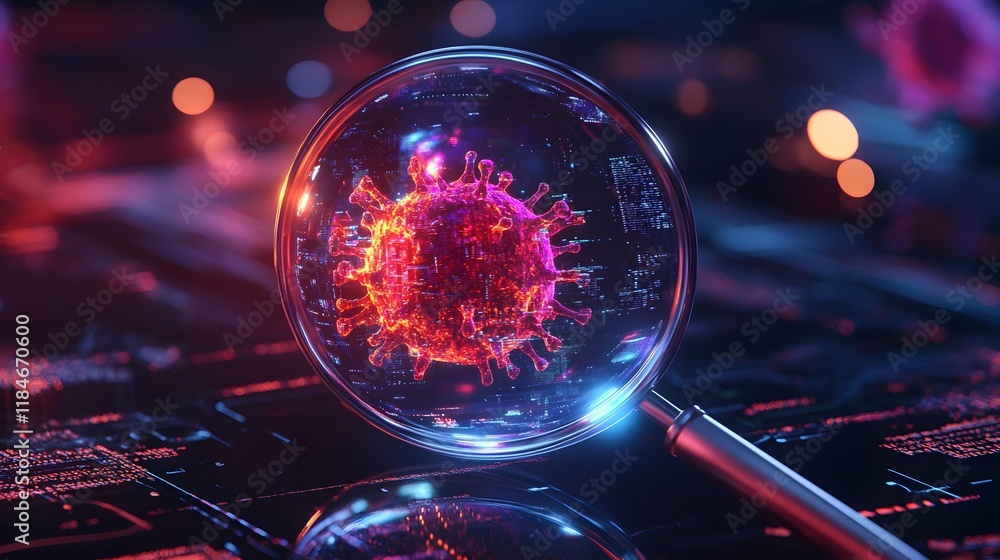 Poster Close-Up View of a Magnified Virus with Colorful Digital Display, Emphasizing Science, Technology, and Intricate Biological Details in a Dark Background