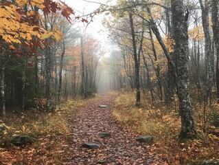Obraz premium Autumn Path Through Misty Forest Trees