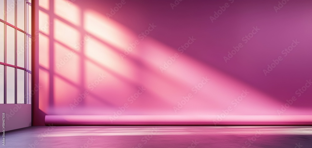 Poster a serene interior space with a pink wall illuminated by soft light, creating a calming atmosphere an