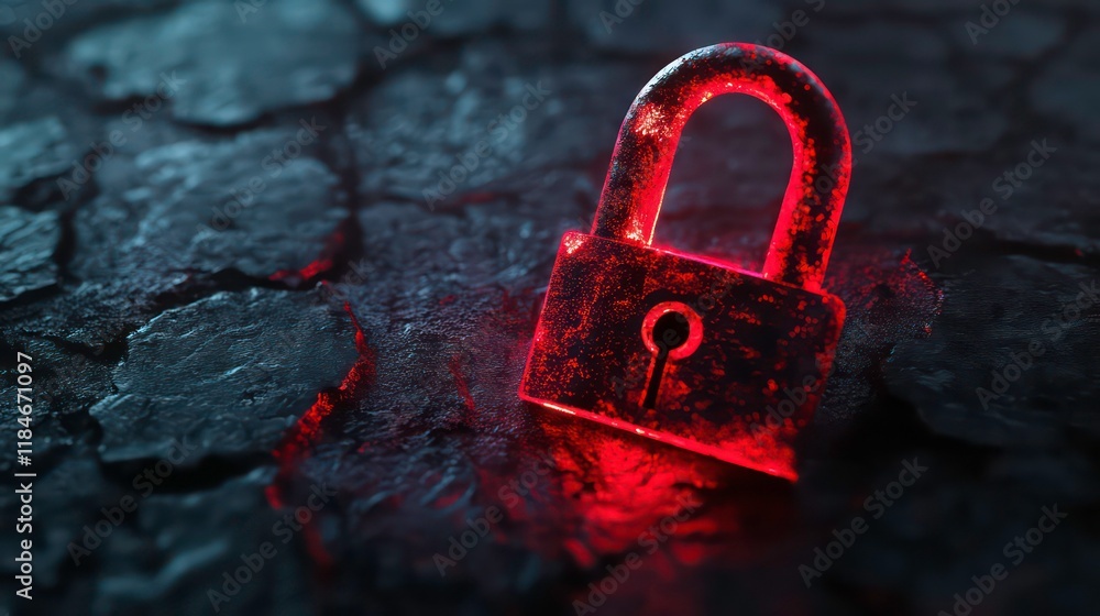 Poster glowing red rusty padlock on cracked dark surface.