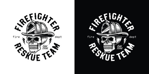 Human skull in a fire helmet. Firefighter. Original vector illustration in vintage style. T-shirt design.