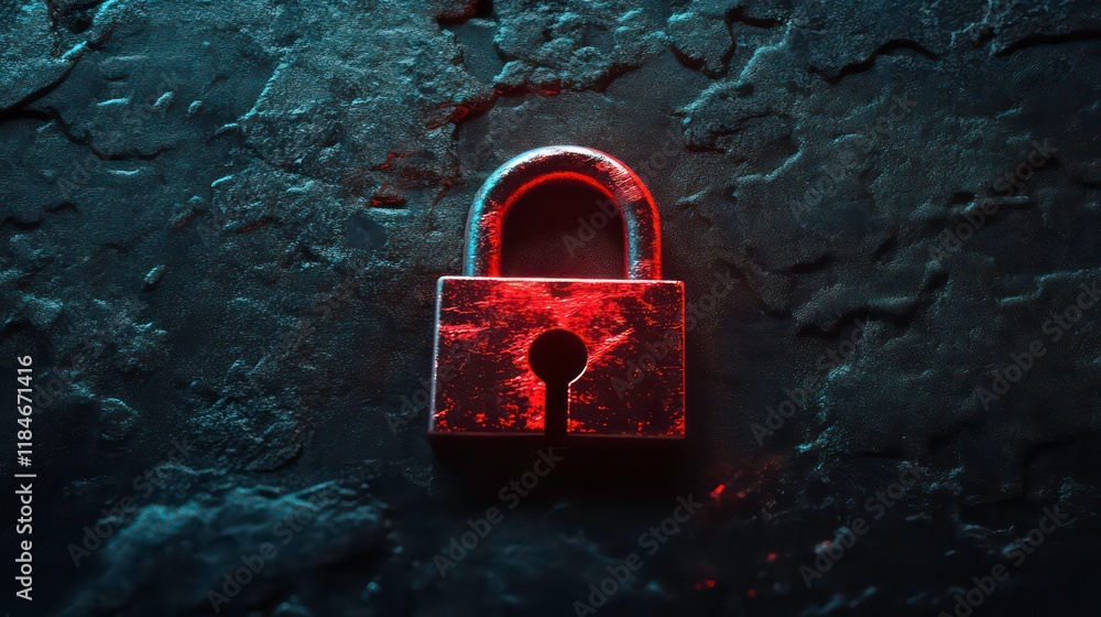Poster red glowing padlock on dark textured background.