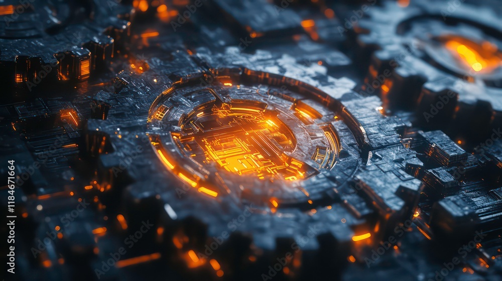 Poster abstract metallic surface with glowing orange core, intricate circuitry design.