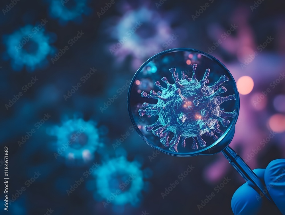 Poster Close-Up View of a Magnified Virus Under a Microscope Lens Illuminated by Colorful Light, Representing Scientific Research in Microbiology and Pathogen Analysis