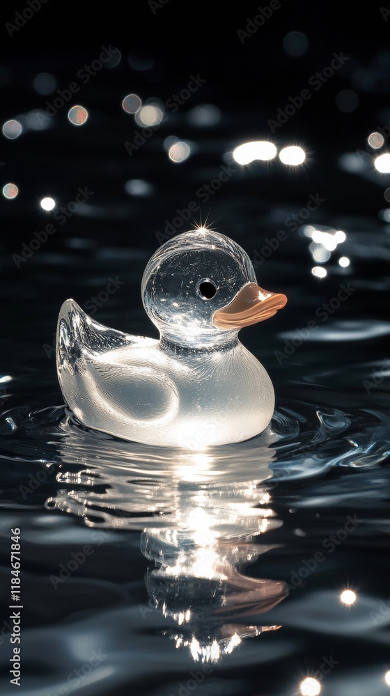 Poster glass duck floating on dark water with bokeh effect