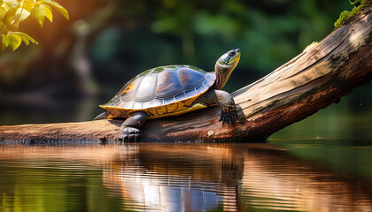 blanding s turtle emydoidea blandingii this endangered species turtle is enjoying the warmth of the sun atop a fallen tree the surrounding water reflects the turtle tree and summer foliage