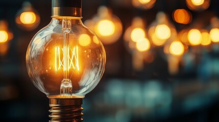 Glowing bulb illuminates blurred background lights.