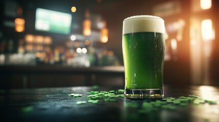 A refreshing pint of green beer stands on a pub table sprinkled with shamrocks, the lively atmosphere of friends celebrating in the background adding to the Saint Patrick&acirc;s Day joy