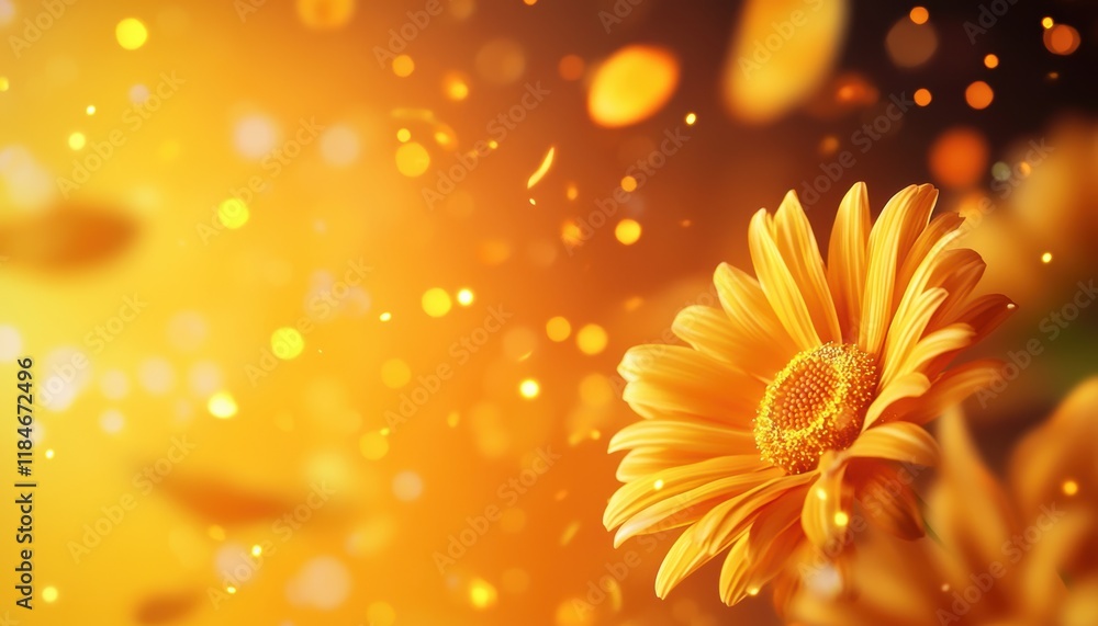 Poster a vibrant yellow flower stands out against a warm, glowing background, surrounded by soft bokeh and 