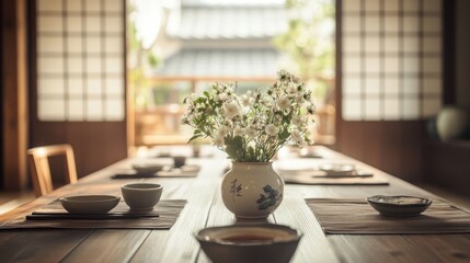 A serene Japanese dining room with neatly arranged chopsticks, ceramic soy sauce dishes, and a centerpiece of fresh flowers on a wooden table.