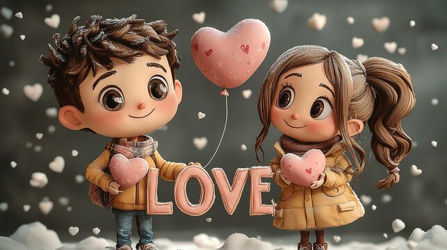 A heartwarming image of a boy and a girl in yellow jackets holding pink heart balloons next to large pink "LOVE" letters, with falling white heart shapes around