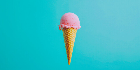 Single scoop of creamy strawberry-flavored ice cream served in a waffle cone isolated on a vibrant turquoise background