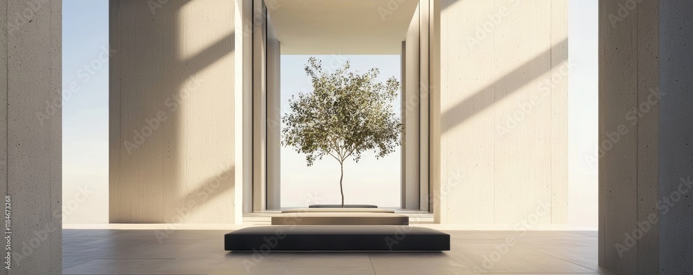 Aufkleber a serene modern interior featuring a central tree, framed by minimalist architecture and natural lig