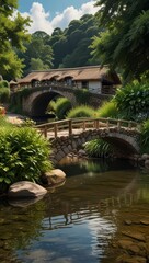 A rustic stone bridge arching small.