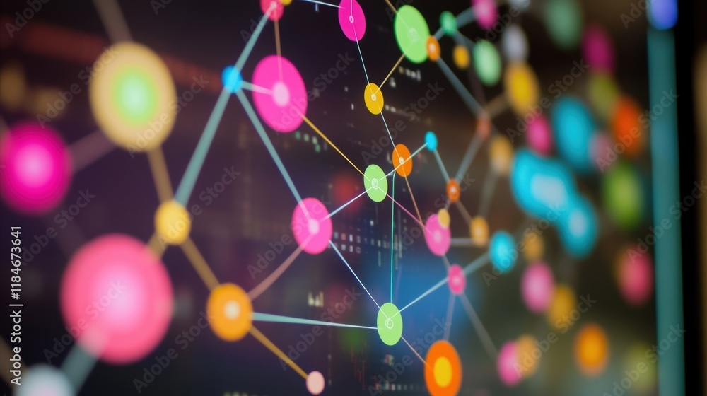 Poster colorful dots connected by lines represent data flow and network connections on a computer screen, v